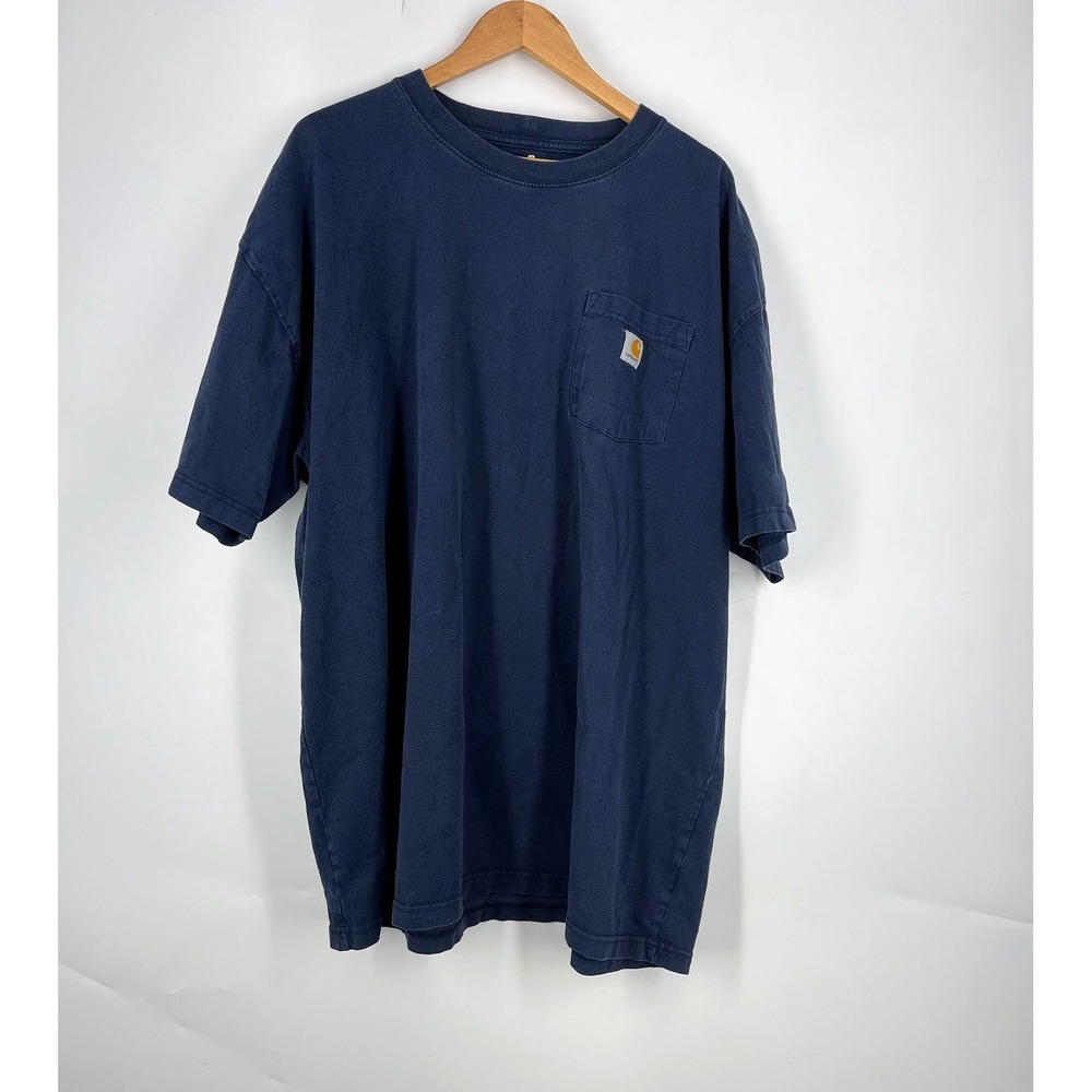 Carhartt Mens K87 Relaxed Fit Short Sleeve Pocket T-Shirt Navy Blue Logo Patch